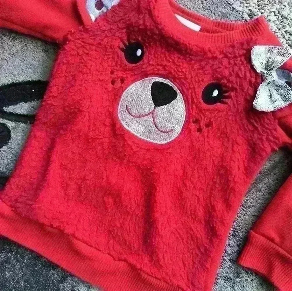 Annette Kids Girls Sequin Bear Face Fuzzy Sweater Red Size 24 Months - Picture 2 of 6